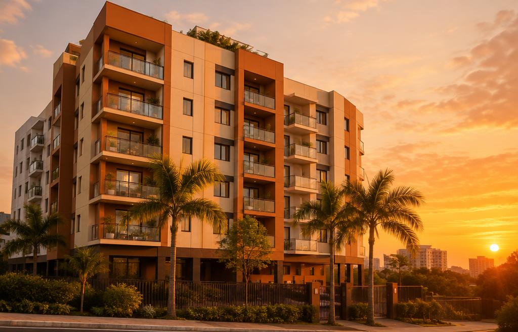 Prédio residencial moderno ao pôr do sol